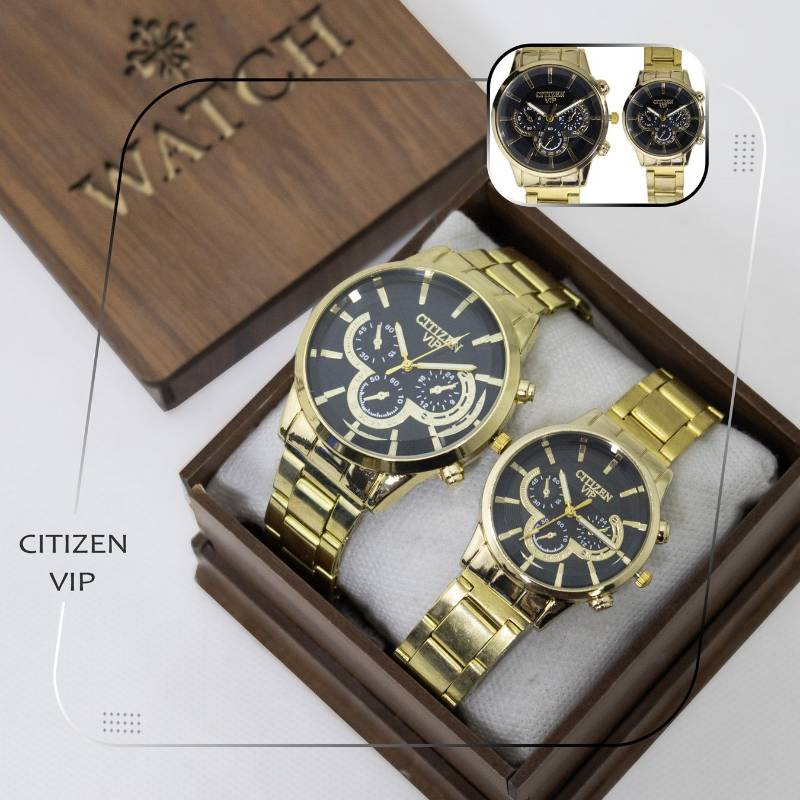 ست ساعت مردانه و زنانه بند طلایی صفحه مشکی Citizen Vip