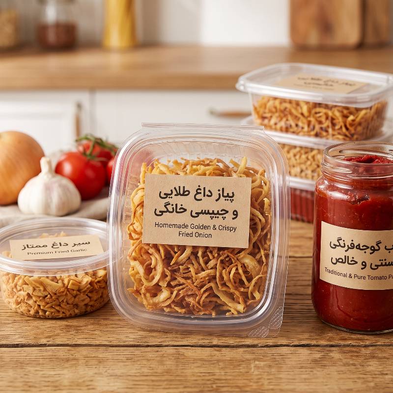 پیاز داغ طلایی و چیپسی مجلسی، سیر داغ و رب گوجه خانگی ممتاز (فروش عمده و خرد در تهران)